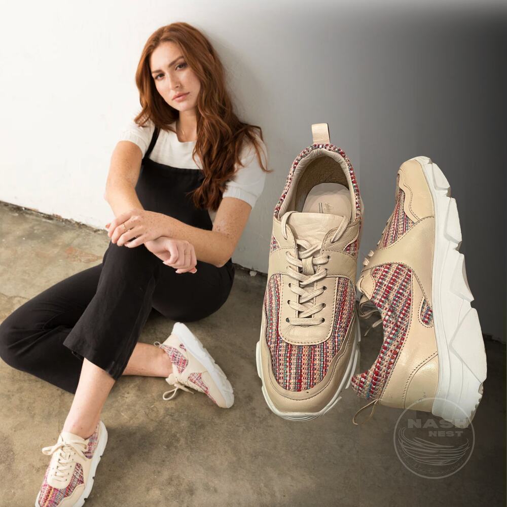 Able Cady Beige Leather Sneakers 9 | Neutral Woven Tweed Detail, Chunky Sole